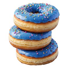 three donuts with blue icing and sprinkles stacked on top of each other