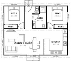 the floor plan for a small house with two bedroom and living room, including an attached bathroom