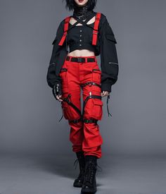 Modern Kpop Outfit, Female Techwear Aesthetic, Carnival Outfits Ideas, Red Idol Outfit, Red Cybercore Outfit, Red And Black Kpop Outfit, Red Cyberpunk Outfit, Red Punk Outfits, K Pop Outfit Ideas