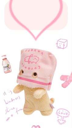 a teddy bear wearing a pink hat and holding a bottle with the word love written on it