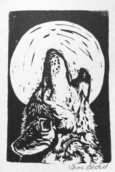 a black and white drawing of a wolf with the moon in the sky behind it