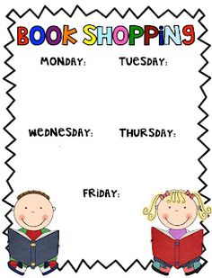 a poster with two children reading books and the words book shopping on it's side