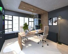 an office with two desks and chairs in front of large windows on the wall