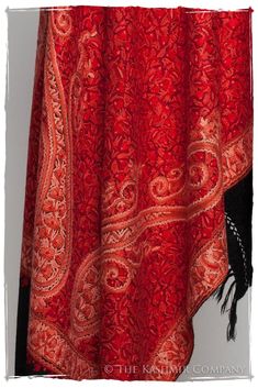 Scarlet Trésor de la Flamme Paisley Antiquaires Shawl — Seasons by The Kashmir Company Luxury Red Pashmina Shawl With Motifs, Luxury Red Shawl With Embroidered Border, Luxury Traditional Red Scarf, Luxury Red Festive Shawl, Luxury Red Shawl For Fall, Luxury Red Shawl For Festive Season, Luxury Red Silk Pashmina Shawl, Luxury Red Pashmina Shawl For Festive Occasion, Luxury Embroidered Shawl For Diwali