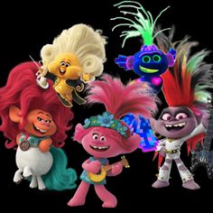 the cartoon characters are all dressed up in different outfits and hair colors, including one with an electric guitar