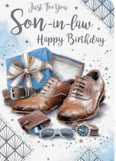 a birthday card with an image of a pair of shoes, sunglasses and a gift box