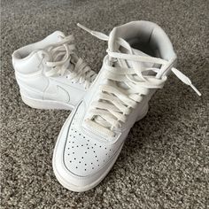 Size 8 White Nike High Top Airforces. Worn Once, Only Dusty From Sitting For So Long. Practically New, Great Quality High Top Nike Shoes, White Nike High Tops, High Top Nike, Nike High Top, Nike High Tops, Nike High, Top Nike, White Nike, Nike White