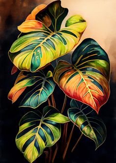 Tropical Painting Ideas, Abstract Plants, Leaves Painting, Tropical Art Print, Tropical Painting, Plant Painting, Tropical Art, Flower Art Painting, Plant Art