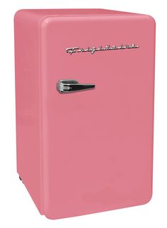 a pink refrigerator freezer sitting on top of a white floor