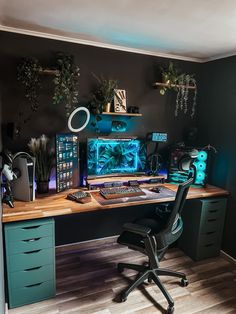 a desk with a computer and some plants on it