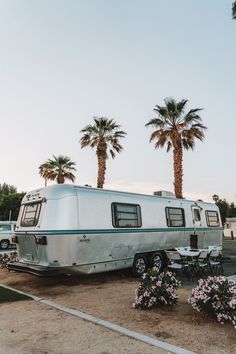 An RV parked beneath palm trees and a clear sky near Joshua Tree National Park Tsitp Aesthetic, Round Aesthetic, 70s Beach, Obx Aesthetic, Aqua Aerobics, Vegas Photos, Bus Ideas, Summer Aesthetics, Black And White Photo Wall