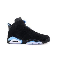 Released in December 2017, the Air Jordan 6 Retro 'UNC' paid tribute to North Carolina’s 2017 NCAA win. The colorway comes with a black nubuck upper with University Blue on the tongue, Jumpman, lacelock, and back pull tab. The shoe also comes with University Blue accents on the midsole and translucent rubber on the outsole. Jordan Shoes Black, Unc Shoes, Cute Jordans, Air Jordans Women, Air Jordan 6 Retro, Jordans Girls, Jordan 6 Retro, Jordan Shoes Girls, Jordan Shoes Retro