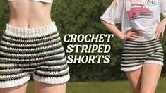 two women in shorts with the words crochet striped shorts on them and an image of