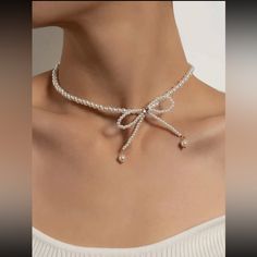 This Unique Piece Is A Wonderful Addition To Your Wardrobe And Your Style; Sure To Get Lots Of Compliments! Grwmh600100mnff Bow Choker, Diamond Bows, Trendy Necklaces, A Necklace, Pearl Choker, Bijoux Diy, Rhinestone Necklace, Fashion Accessories Jewelry, Pearl Beads