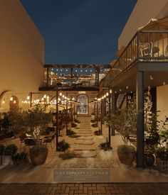 an indoor courtyard with potted plants and lights