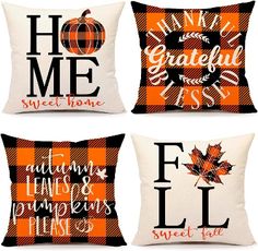 four pillows with the words fall and pumpkins on them, all in different colors