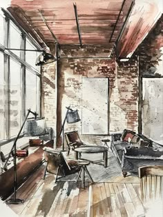 a watercolor painting of a living room with couches, chairs and lamps in it