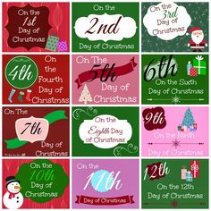 christmas gift tags with the words on them and numbers in red, green, pink and purple