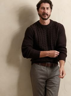 Artfully crafted from a rare reverse cable technique, this lofty sweater is knitted from luxurious Italian wool with a classic crew-neck silhouette.  Perfect for cabin mornings and brisk mountain excursions.  FROM ITALY'S FILPUCCI MILL: Fueled by a t Sweater Wedding Outfit Men, Fall Outfits Men Autumn Sweaters, Navy And Brown Outfit Men, Mens Brown Sweater Outfit, Brown Textured Knit Wool Sweater, Brown Textured Knit Merino Wool Sweater, Brown Merino Wool Crew Neck Sweater, Brown Cable Knit Crew Neck Sweater, Classic Brown Cable Knit Sweater