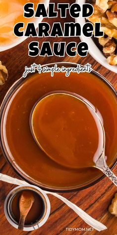 homemade salted caramel sauce in a bowl with spoon