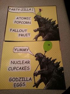 two posters with words and pictures of godzillas, one saying party - zilla