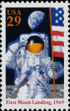 a postage stamp with an image of an astronaut on the moon and american flag in the background