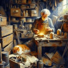 an old man is working in his workshop with a cat on the table next to him