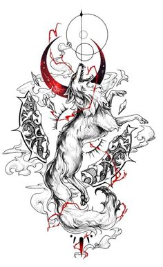 a tattoo design with a wolf on it's back and the moon in the background