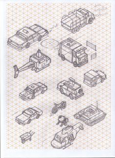 a drawing of different types of cars and trucks