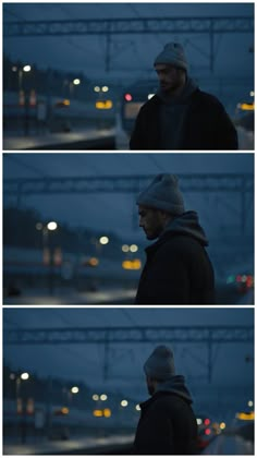 three different shots of a man standing in the street at night with traffic lights behind him