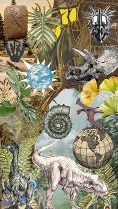 a collage of dinosaurs, plants and other things