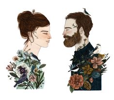 a drawing of two people with flowers and birds on their heads, one is kissing the other