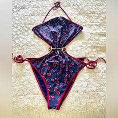 Nwt 100% Authentic Gucci Blue One Piece Swimsuit Monokini Xxl. Navy Blue Ground With Dark Red And Black Hearts. Halter Neck, With Neck, Back And Side Ties. Gucci Swimwear For Summer, Gucci Beachwear Swimwear For Summer, Gucci Fitted Summer Swimwear, Gucci Beachwear For Summer, Blue One Piece Swimsuit, Monokini Swimsuits, Monokini, Black Heart, Dark Red