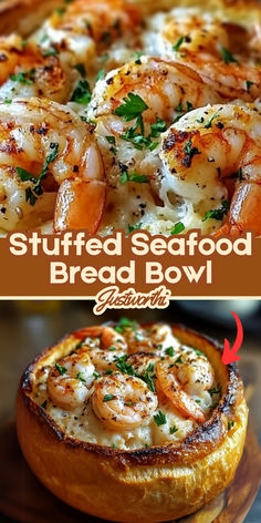 this is an image of stuffed seafood bread bowl