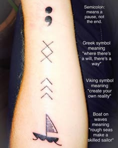 a person with a tattoo on their arm that has an arrow and sailboat in it