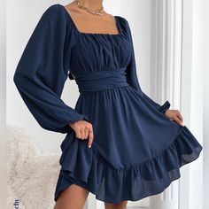 Never Worn, It’s New Such A Cute Stylish Trendy Dress Size S (4) Some Pictures Color Makes It Look Super Light Cuz Of Sunlight Color Is Navy Blue Shein Dress, Ruffle Hem Dress, Dresses For Teens, Lantern Sleeve, Fancy Dresses, Simple Dresses