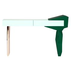 a white and green desk with a gold leg