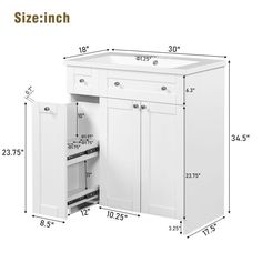 the measurements for a white kitchen cabinet with doors and drawers are shown in this diagram