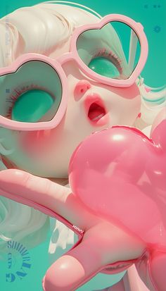 a close up of a doll wearing sunglasses and holding a heart shaped object in front of her face