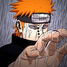 an anime character with orange hair and black eyes pointing his finger at the camera while standing in the rain