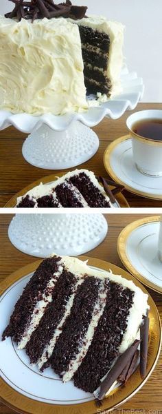 two pictures of a slice of chocolate cake with white frosting and coffee on the side