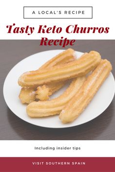 tasty keto churros recipe on a white plate with text overlay