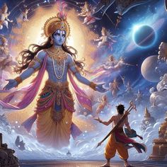 an image of the hindu god and his attendants in front of a space scene with planets