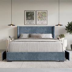 a bed with blue upholstered headboard and foot board in a white room