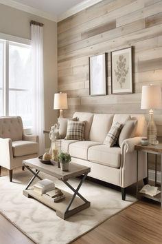 A cozy living room with a wooden plank accent wall, soft beige sofa, and tasteful decor. Bold Paint Colors, Textured Panels, Neutral Living Room, Living Room Grey, Living Room Wall, Barn Wood, Living Area, Accent Wall