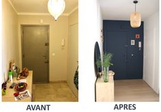 before and after photos of a hallway with blue doors