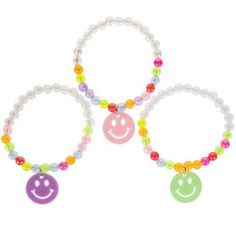 Bead Diameter: 5.9mm Size: One Size Fits Most Material: Plastic Color: Multi-Color Age Grade: 4+ Quantity: 8 Thank your guests for coming to your birthday party by giving them these Smiley Face Friendship Bracelets! These beaded bracelets make the perfect party favor with their colorful bodies and dangling smiley face charms. Place them inside a treat bag to pass out to friends and family!