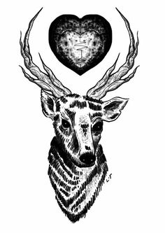 a black and white drawing of a deer with antlers on it's head