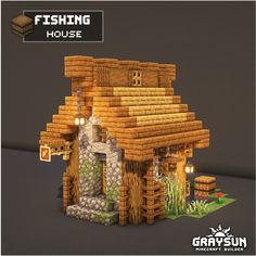 an image of a house made out of wood and stone with the words fishing house on it