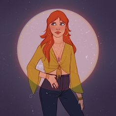 a woman with red hair standing in front of a full moon and looking at the camera